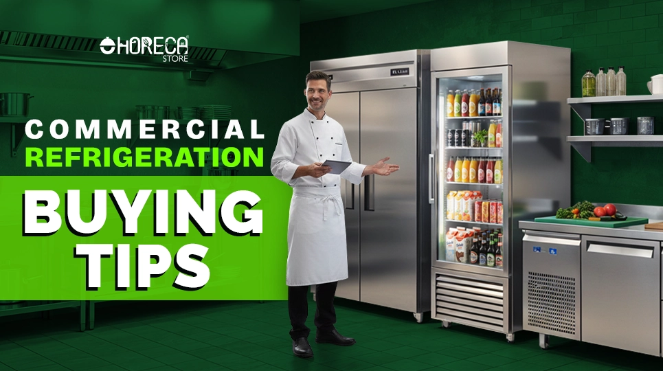 Commercial refrigeration buying tips banner featuring a professional chef standing beside commercial refrigerators and prep counters in a modern commercial kitchen