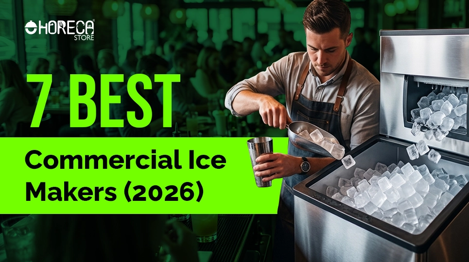 Bartender using a commercial ice maker machine with ice bin in a busy bar setting, promoting 7 best commercial ice makers for restaurants and cafes in 2026