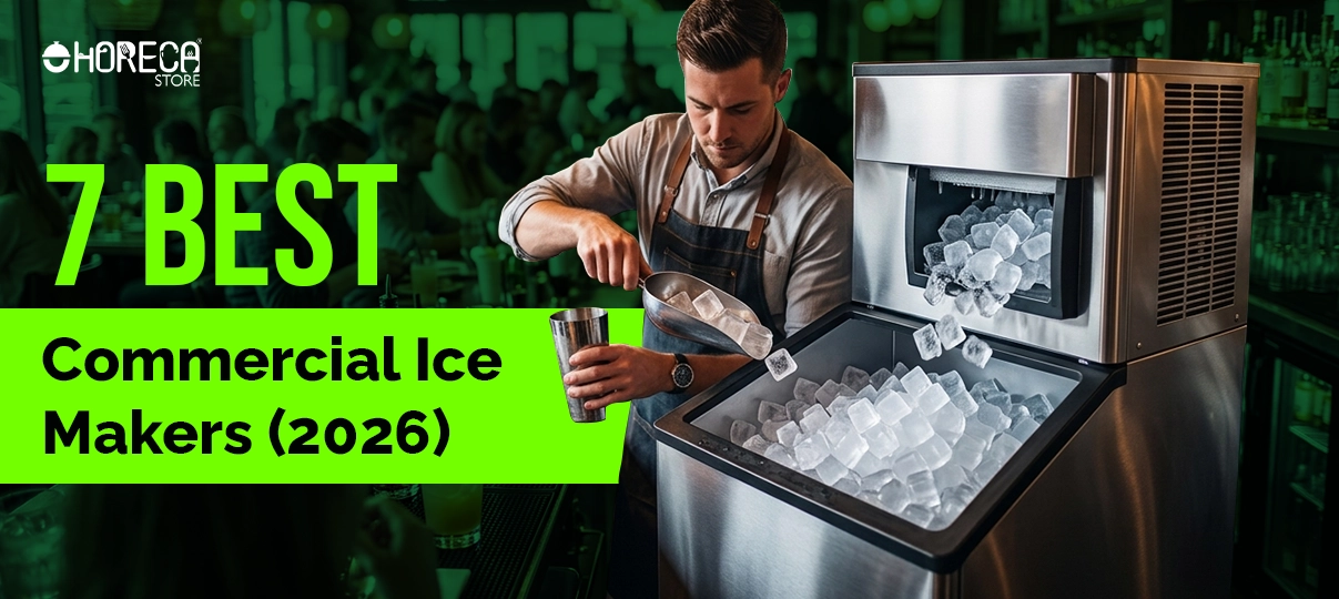 Bartender using a commercial ice maker machine with ice bin in a busy bar setting, promoting 7 best commercial ice makers for restaurants and cafes in 2026