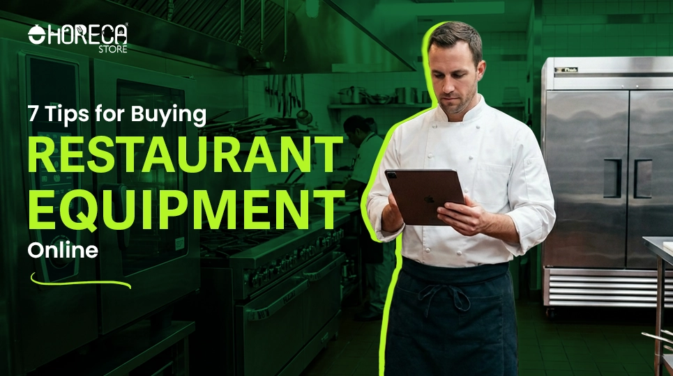7 tips for buying restaurant equipment online with chef using tablet in commercial kitchen