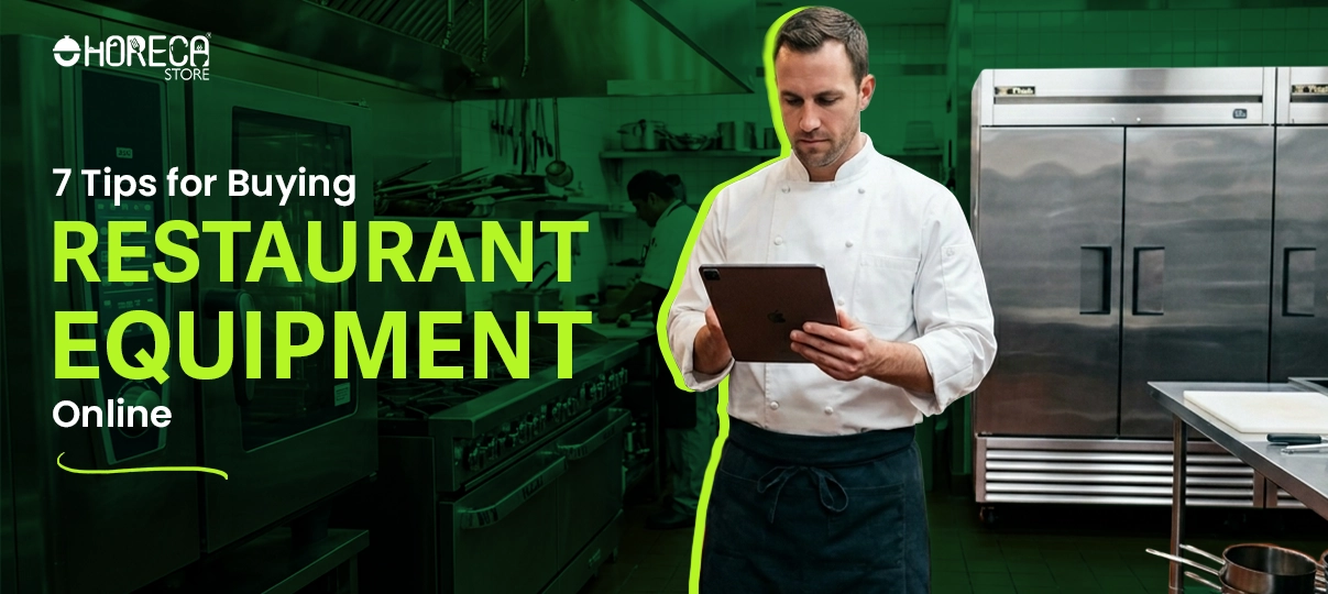 7 tips for buying restaurant equipment online with chef using tablet in commercial kitchen