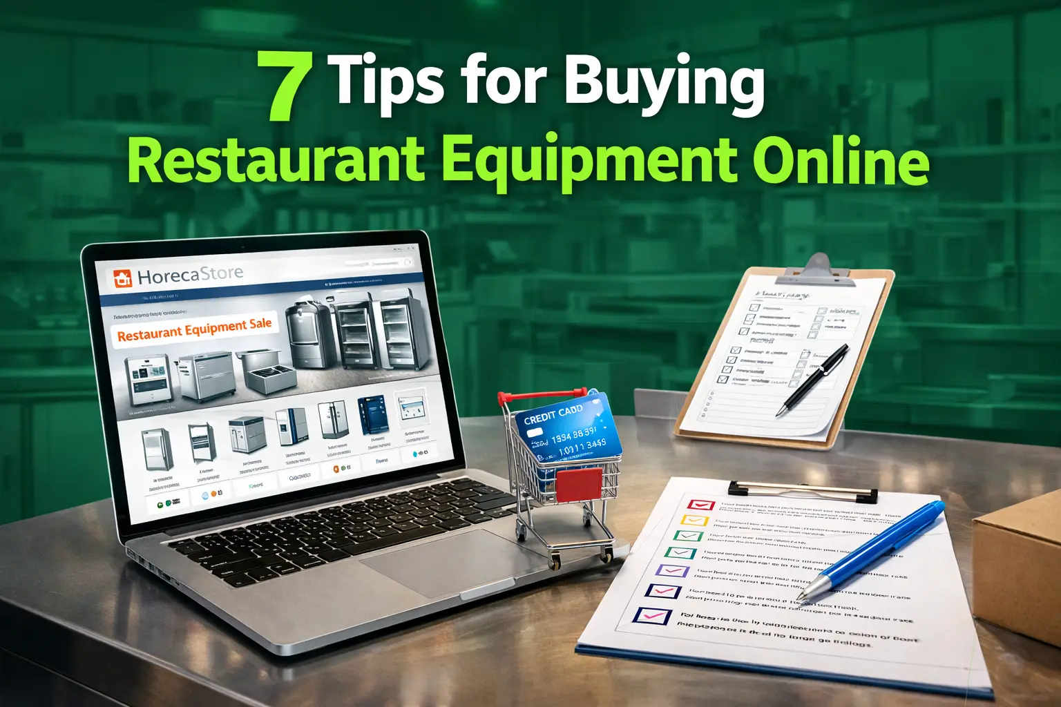 Laptop showing restaurant equipment online store with checklist and shopping cart, illustrating tips for buying commercial kitchen equipment online for restaurants and cafes