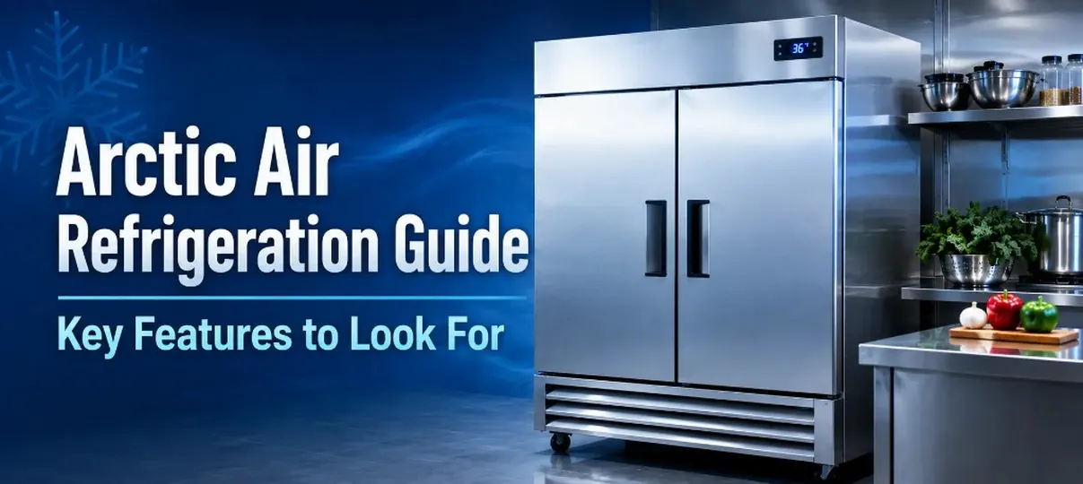 Arctic Air Refrigeration Guide banner with stainless steel two-door reach-in refrigerator, digital display, vegetables, and Key Features to Look For text