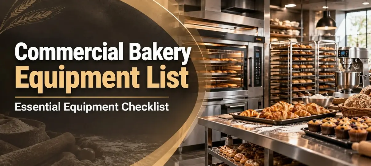 Desktop banner of a commercial bakery with convection oven, croissant trays, muffins, mixer, and bread racks, plus headline Commercial Bakery Equipment List Essential Equipment Checklist