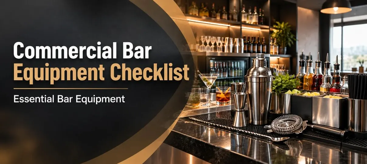 Desktop banner of a commercial bar with cocktail shaker, jiggers, strainer, bottles, and glassware, plus headline Commercial Bar Equipment Checklist Essential Bar Equipment