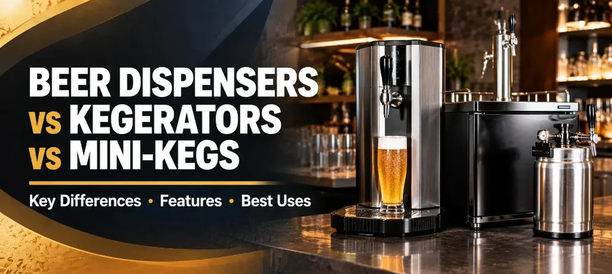 Bar counter with a beer dispenser pouring a pint, a kegerator tap tower, and a mini-keg beside bottle shelves