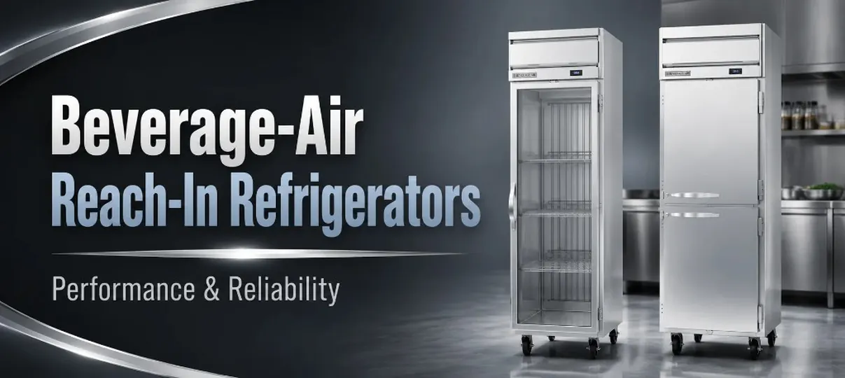 Desktop banner of Beverage-Air glass-door and solid-door reach-in refrigerators with Performance and Reliability text
