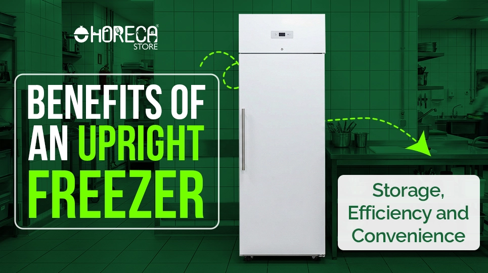Upright freezer in professional restaurant kitchen highlighting storage efficiency and convenience
