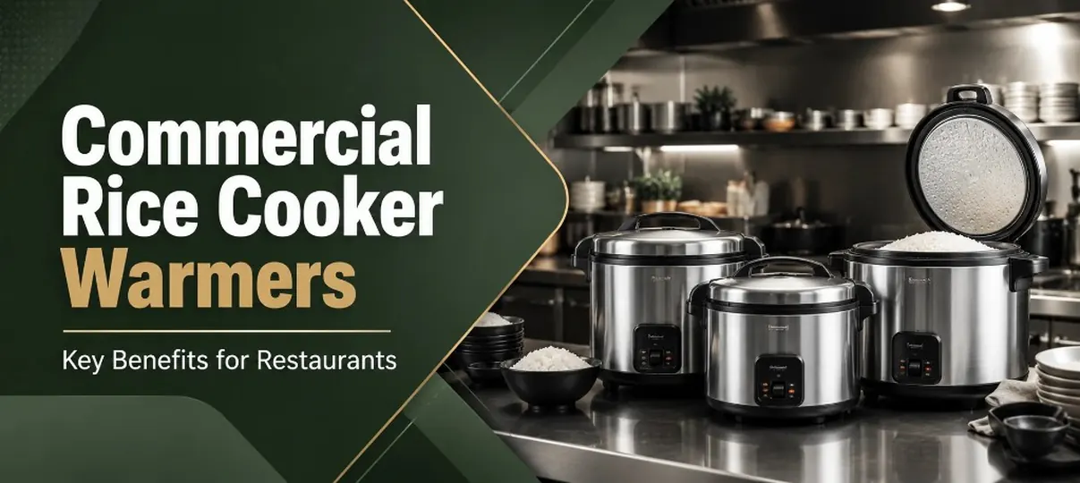 Commercial Rice Cooker Warmers desktop banner showing three stainless steel commercial rice cooker warmers on a kitchen counter with steamed white rice and bowls, highlighting key benefits for restaurants