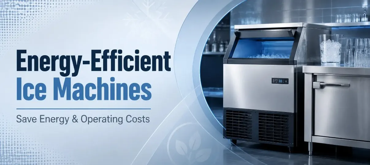 Energy-Efficient Ice Machines desktop banner showing a stainless steel commercial ice machine with open lid, blue internal lighting, and clear ice cubes, highlighting energy and operating cost savings