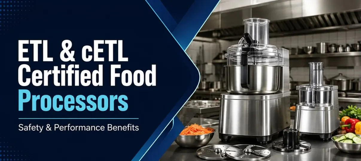 ETL and cETL Certified Food Processors banner showing stainless steel commercial food processors with vegetables in a professional kitchen