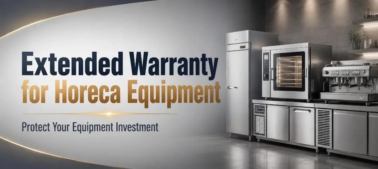 Desktop banner for Extended Warranty for Horeca Equipment with fridge, combi oven, and espresso machine