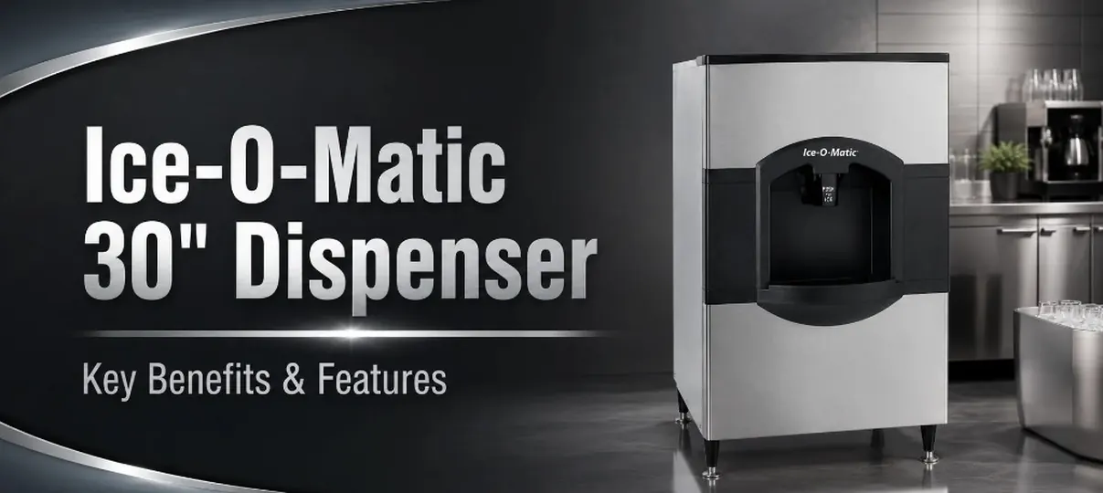 Desktop banner of Ice-O-Matic 30-inch stainless steel ice dispenser with Key Benefits and Features text
