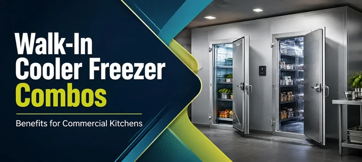 Walk-In Cooler Freezer Combos banner showing a stainless steel walk-in cooler freezer with an open door and fresh produce on metal shelving in a commercial kitchen