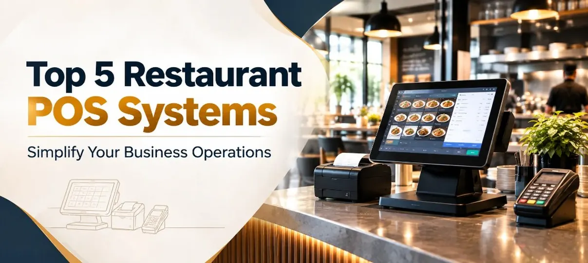 Desktop banner of a restaurant POS tablet on a marble counter with receipt printer and card reader, dining room in the background, and headline Top 5 Restaurant POS Systems Simplify Your Business Operations