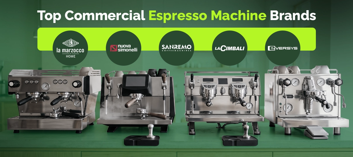 Top commercial espresso machine brands featuring La Marzocco, Nuova Simonelli, Sanremo, La Cimbali, and Eversys espresso machines for cafes, coffee shops, and professional barista setups.