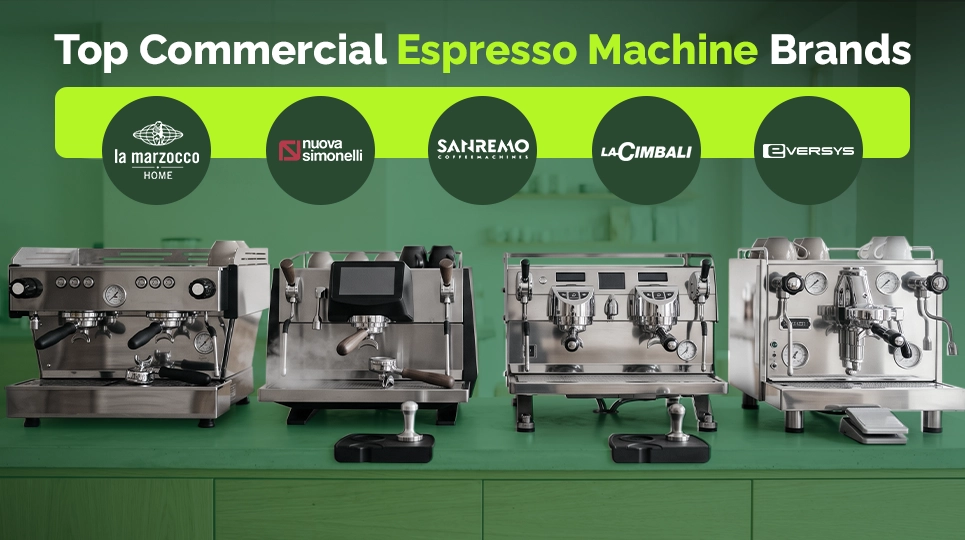 Top commercial espresso machine brands featuring La Marzocco, Nuova Simonelli, Sanremo, La Cimbali, and Eversys espresso machines for cafes, coffee shops, and professional barista setups.