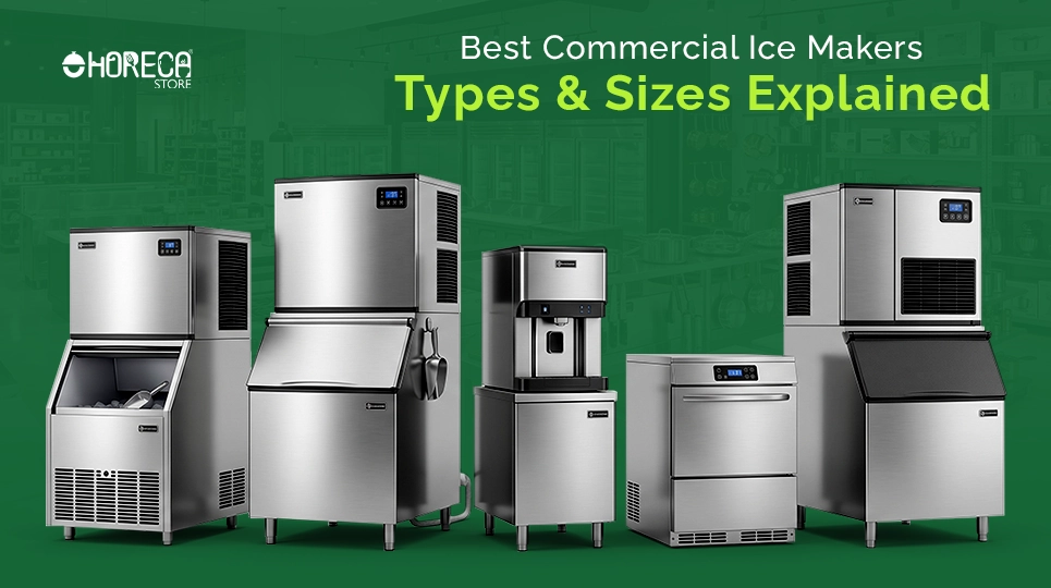 Best commercial ice makers types and sizes explained featuring cube ice machines, nugget ice makers, undercounter ice machines, and commercial ice dispensers for restaurants, bars, hotels, and foodservice businesses.