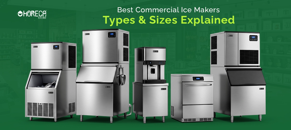 Best commercial ice makers types and sizes explained featuring cube ice machines, nugget ice makers, undercounter ice machines, and commercial ice dispensers for restaurants, bars, hotels, and foodservice businesses.