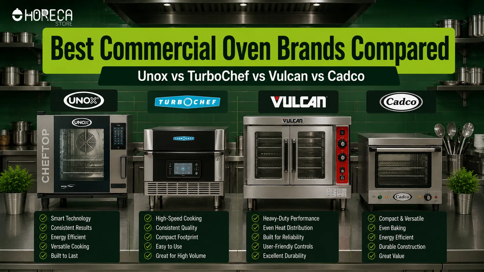 Compare leading commercial oven brands including Unox, TurboChef, Vulcan, and Cadco for performance, features, efficiency, and value.