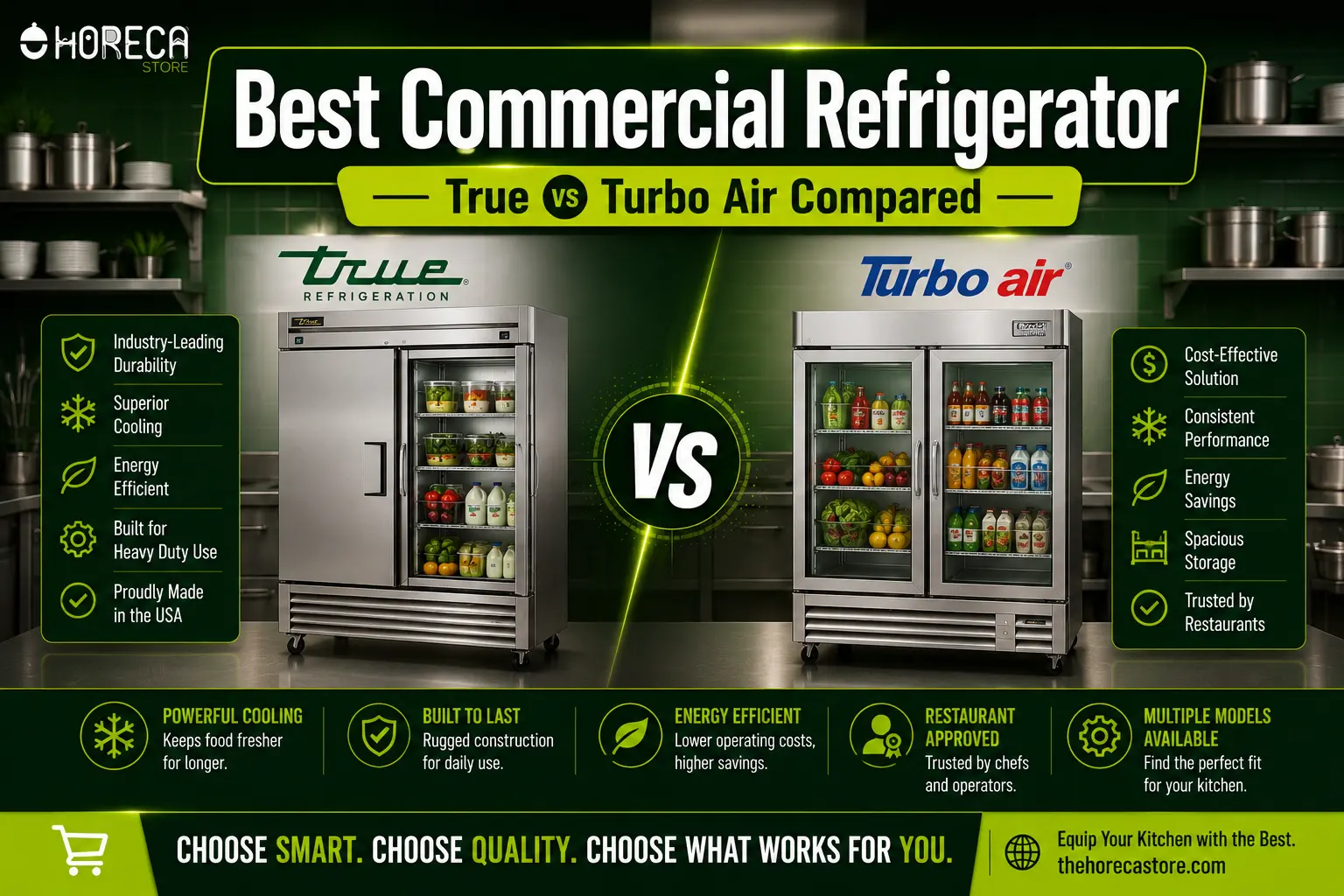 Compare True Refrigeration vs Turbo Air commercial refrigerators for durability, cooling performance, efficiency, and long-term value.