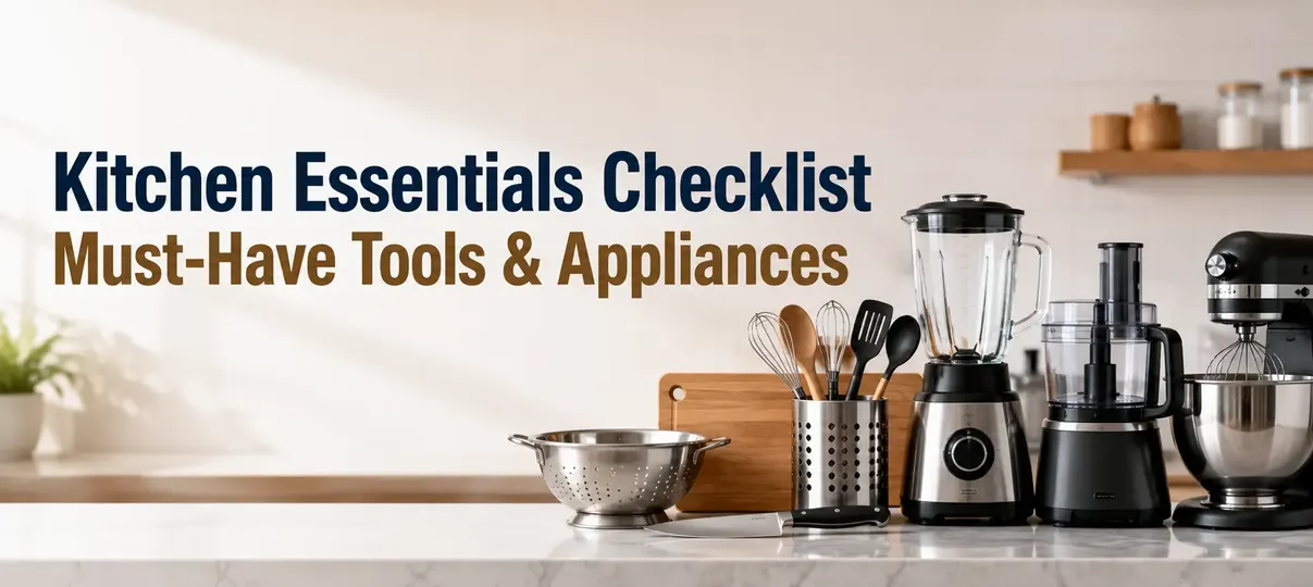 Kitchen Essentials Checklist banner showing a blender, food processor, stand mixer, colander, chef knife, and utensil holder on a white marble countertop with text Kitchen Essentials Checklist Must-Have Tools and Appliances