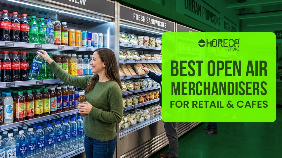 Customers selecting beverages and fresh food from open air merchandiser refrigerator in retail store, showcasing best open air merchandisers for cafes and supermarkets