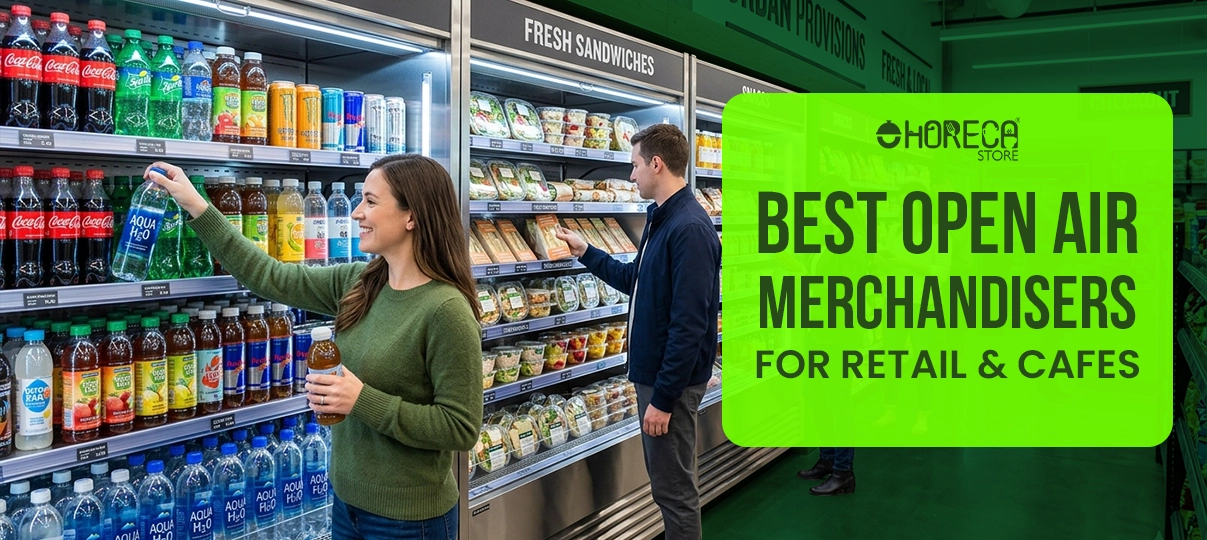 Customers selecting beverages and fresh food from open air merchandiser refrigerator in retail store, showcasing best open air merchandisers for cafes and supermarkets