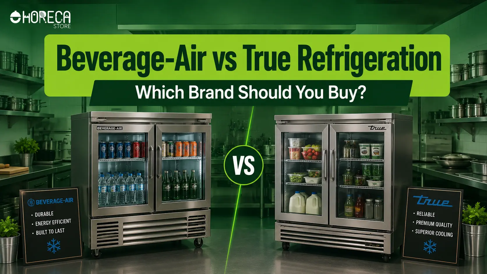 Beverage-Air vs True Refrigeration comparison featuring commercial glass door refrigerators, energy-efficient cooling, and food storage solutions.