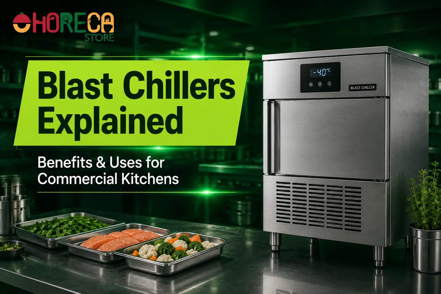 Stainless steel blast chiller in a professional kitchen with prepared food trays, illustrating the benefits and uses of blast chillers for commercial foodservice operations.