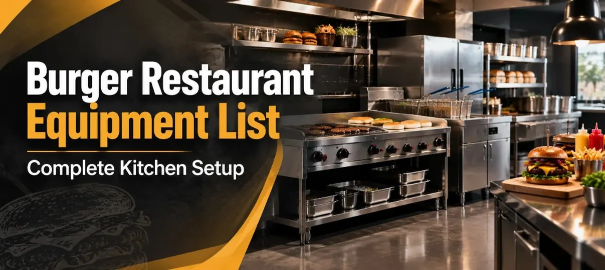 Desktop banner of a commercial burger kitchen with stainless griddle cooking burgers, fryer station, plated cheeseburger with fries, and headline Burger Restaurant Equipment List Complete Kitchen Setup