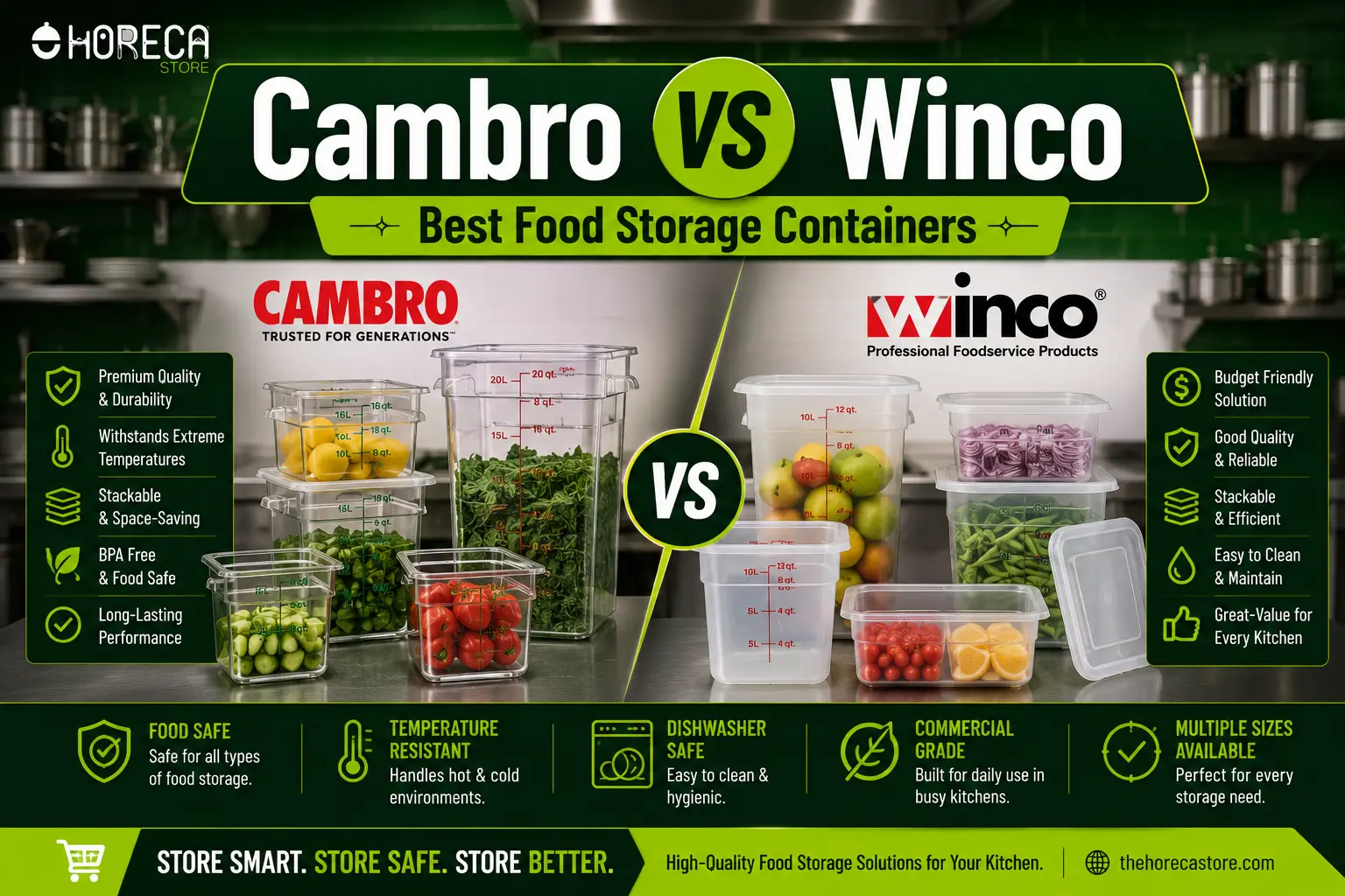 Compare Cambro vs Winco food storage containers for durability, food safety, stackability, and value in commercial kitchens.