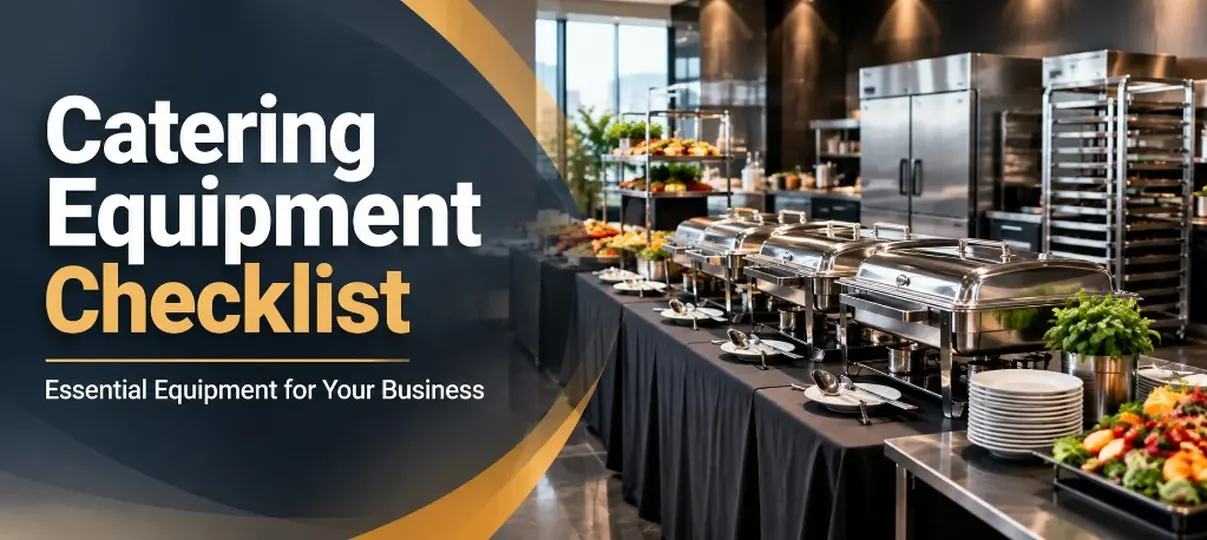 Desktop banner of a catering buffet line with stainless chafing dishes, stacked plates, and a commercial kitchen, plus headline Catering Equipment Checklist Essential Equipment for Your Business