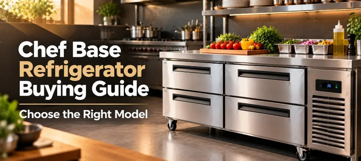 Desktop banner of a stainless four-drawer chef base refrigerator with produce, ingredient pans, a 36-degree display, and Chef Base Refrigerator Buying Guide