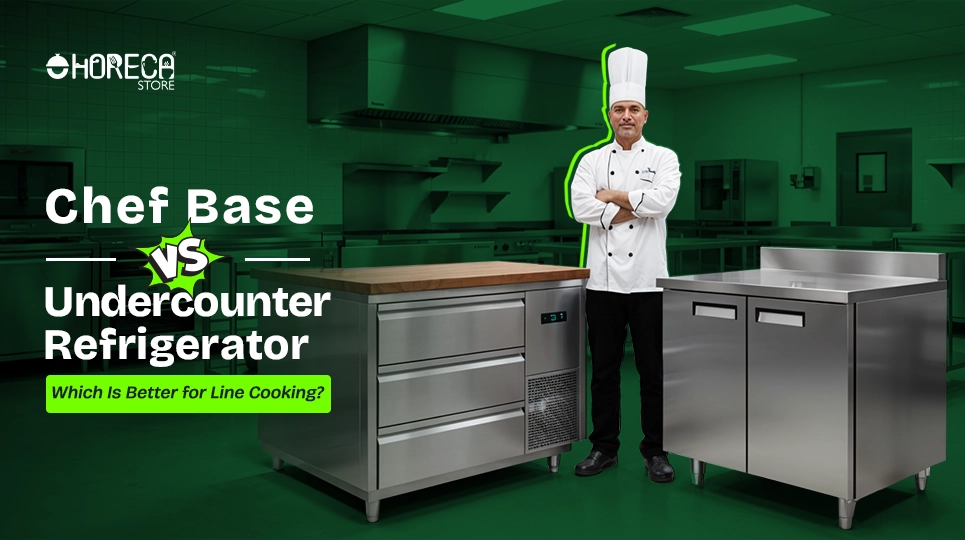 Professional chef standing between a chef base unit and an undercounter refrigerator in a commercial kitchen, with text comparing ‘Chef Base vs Undercounter Refrigerator’ and asking which is better for line cooking.