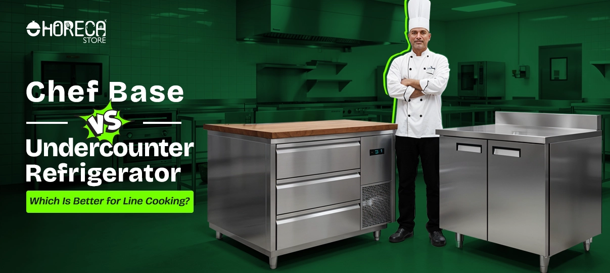 Professional chef standing between a chef base unit and an undercounter refrigerator in a commercial kitchen, with text comparing ‘Chef Base vs Undercounter Refrigerator’ and asking which is better for line cooking.