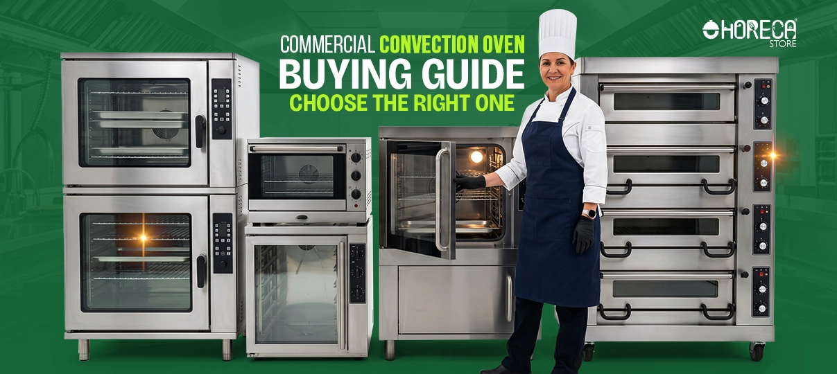 Commercial convection oven buying guide featuring professional chef with stainless steel convection ovens and bakery ovens to help restaurants choose the right commercial cooking equipment.