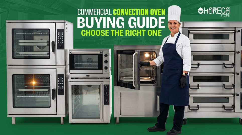 Commercial convection oven buying guide featuring professional chef with stainless steel convection ovens and bakery ovens to help restaurants choose the right commercial cooking equipment.