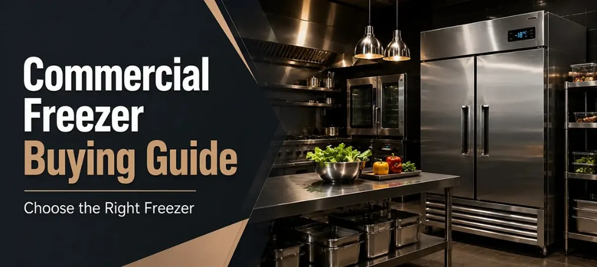 Commercial Freezer Buying Guide banner featuring a two-door stainless steel upright freezer in a professional kitchen with fresh vegetables on a prep table