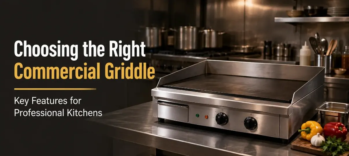 Choosing the Right Commercial Griddle desktop banner showing a stainless steel flat top griddle with temperature knobs, bell peppers, garlic, and professional kitchen equipment in the background, titled Key Features for Professional Kitchens