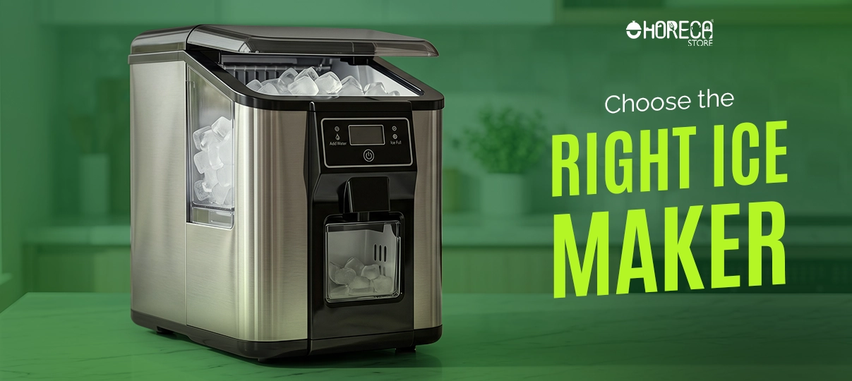 Choose the right ice maker guide featuring stainless steel countertop ice machine with built-in ice dispenser and clear ice storage for home kitchens, offices, bars, and commercial beverage service.