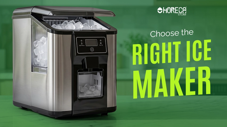 Choose the right ice maker guide featuring stainless steel countertop ice machine with built-in ice dispenser and clear ice storage for home kitchens, offices, bars, and commercial beverage service.