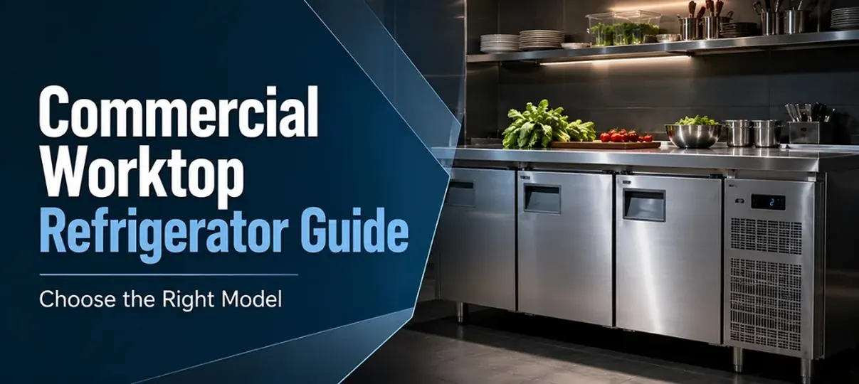 Commercial Worktop Refrigerator Guide banner showing a three-door stainless steel worktop refrigerator with fresh produce on the counter in a commercial kitchen