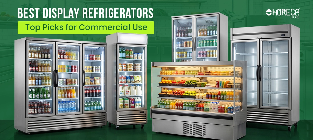 Best display refrigerators for commercial use featuring glass door merchandiser refrigerators, beverage coolers, and refrigerated display cases for restaurants, convenience stores, supermarkets, and cafes.