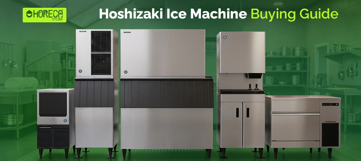 Hoshizaki ice machine buying guide featuring commercial cube ice makers, ice dispensers, modular ice machines, and undercounter ice makers for restaurants, bars, hotels, and foodservice businesses.