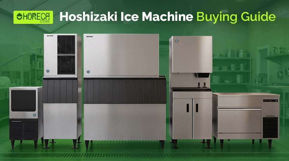 Hoshizaki ice machine buying guide featuring commercial cube ice makers, ice dispensers, modular ice machines, and undercounter ice makers for restaurants, bars, hotels, and foodservice businesses.
