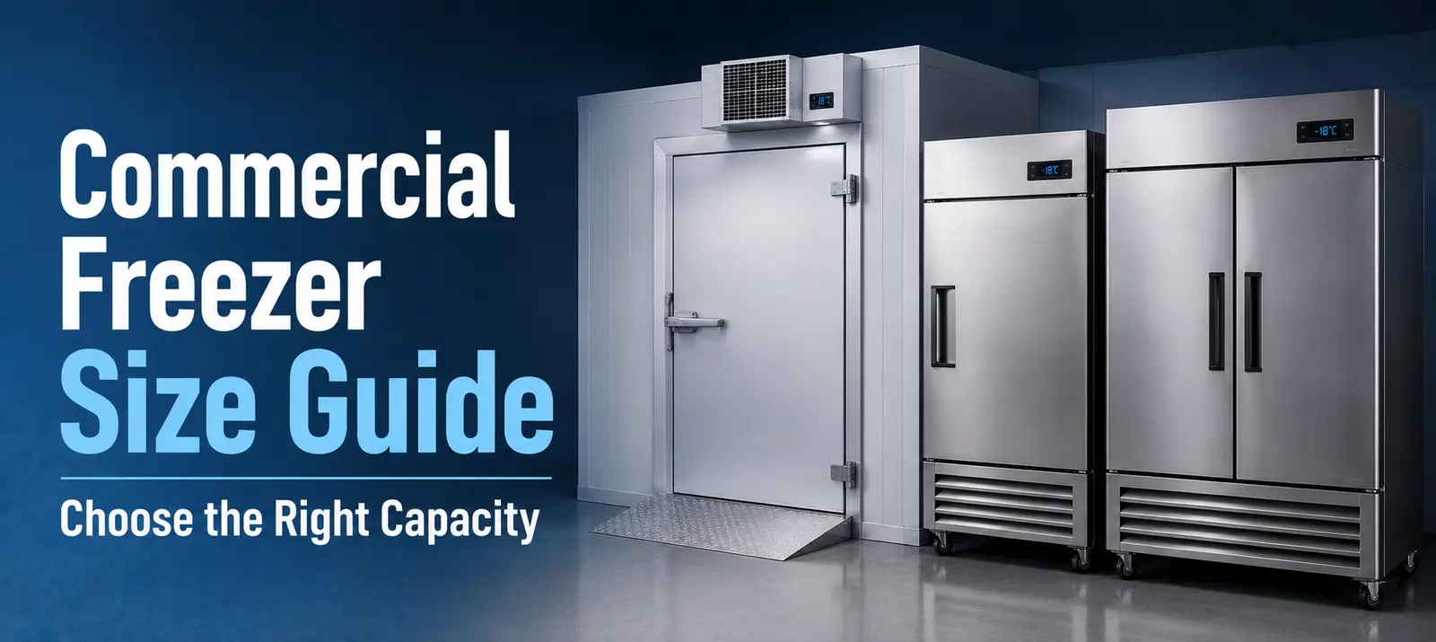 Commercial Freezer Size Guide banner showing a walk-in cold room with diamond-plate ramp, a single-door upright stainless steel freezer, and a double-door upright freezer displaying -18C against a dark blue background with text Choose the Right Capacity