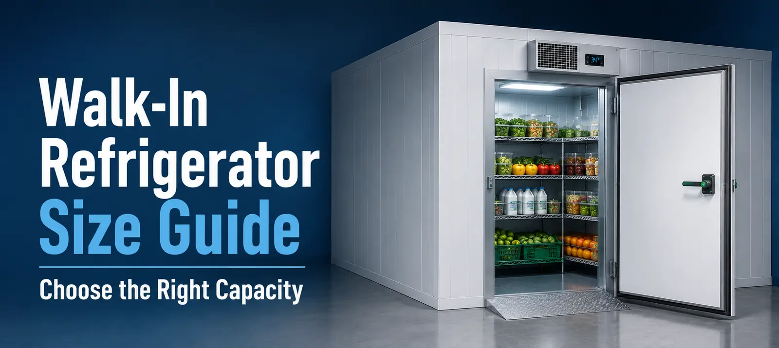 Walk-In Refrigerator Size Guide banner showing an open commercial walk-in cooler stocked with produce and dairy on wire shelves, a diamond-plate ramp, and a 34F digital display with text Choose the Right Capacity
