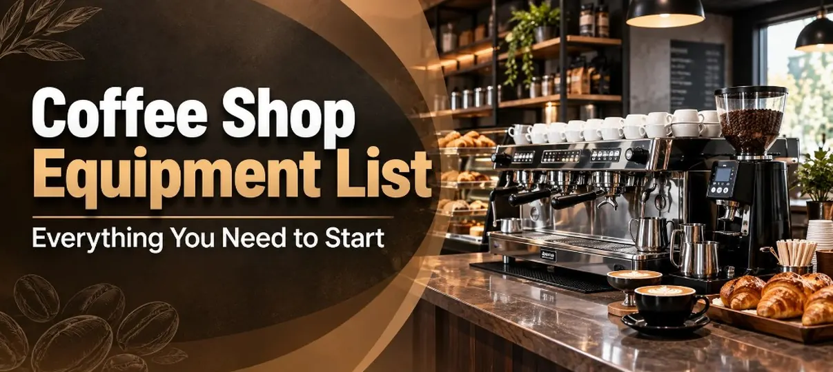 Desktop banner of a coffee shop bar with commercial espresso machine, coffee grinder, latte, croissants, and stacked cups, plus headline Coffee Shop Equipment List Everything You Need to Start