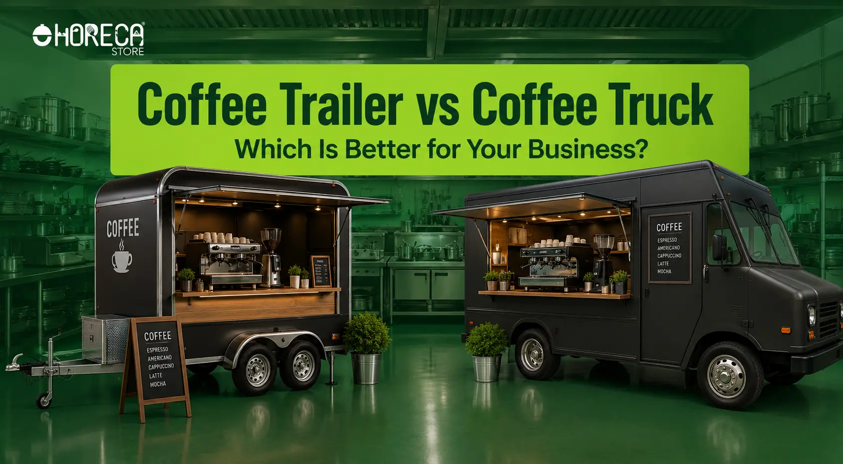 Comparison of a coffee trailer and a coffee truck featuring commercial espresso equipment, highlighting the business decision between mobile coffee trailer and coffee truck concepts.